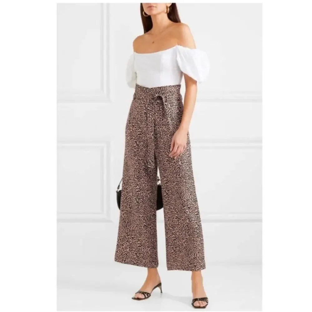 Reformation Womens 0 Jackie Leopard Linen Cropped Belted Wide Leg Pants Beachy